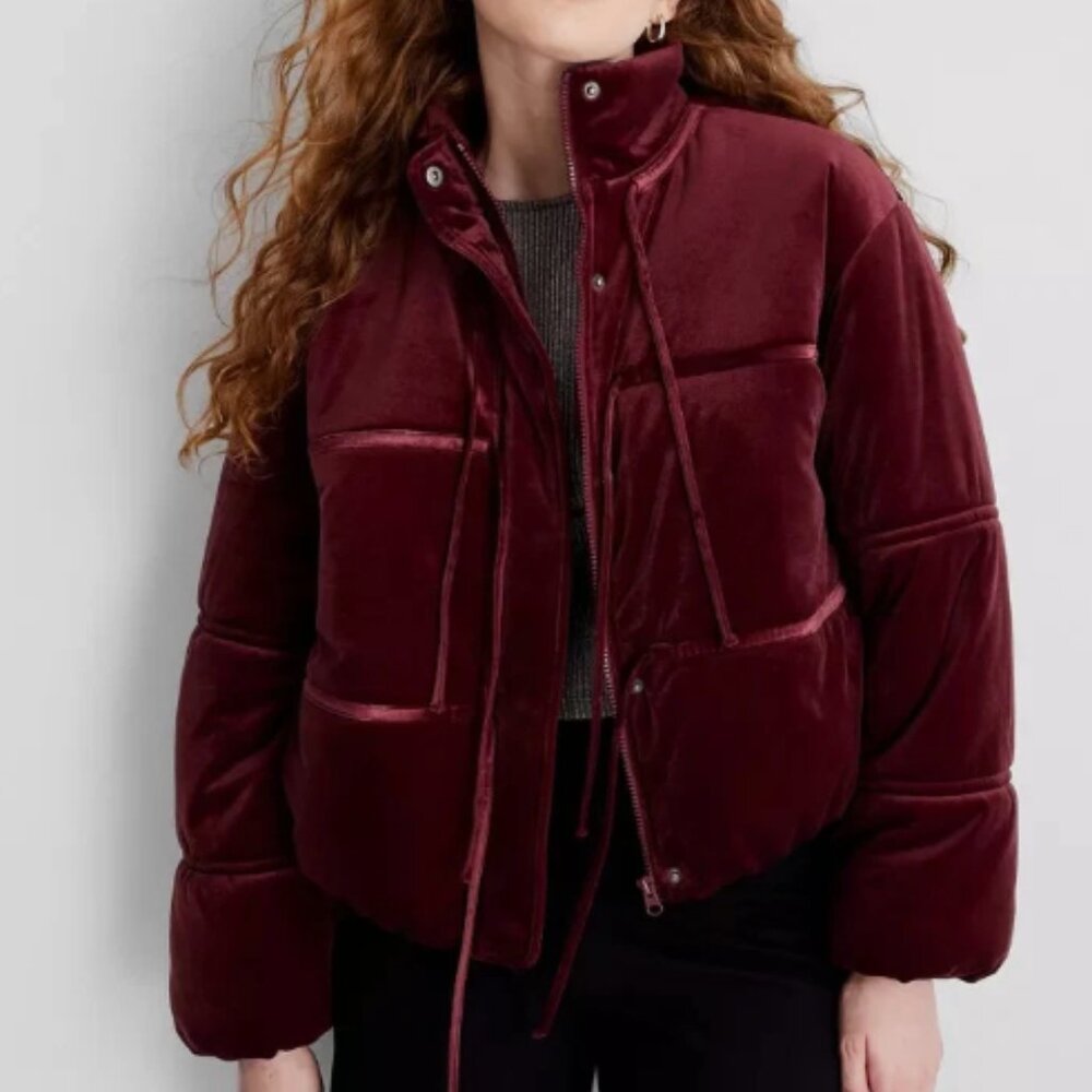 NWT Women's Holiday Velvet Bow-Tie Puffer Jacket - Future Collective Burgundy XS